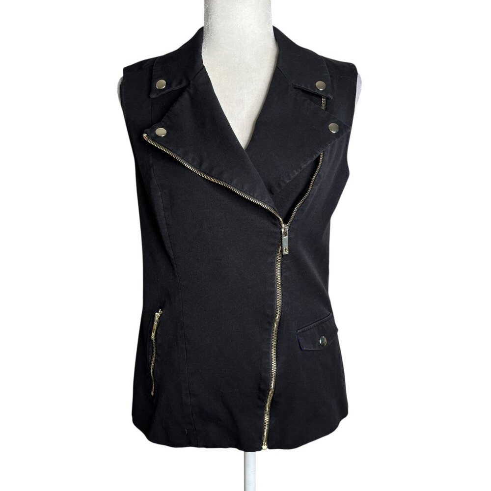 Tommy Hilfiger Black Sleeveless Moto Vest Size Small Gold Zippers Snap Buttons